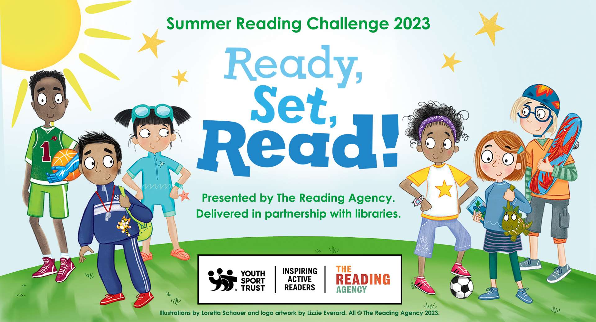 Summer Reading Challenge 2023 - Ready, Set, Read! Presented by The Reading Agency. Delivered in partnership with libraries